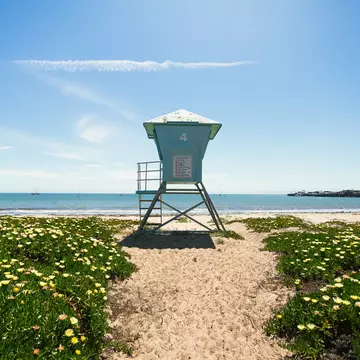 Lifeguard hut on a beach against a  blue sky in Santa Barbara