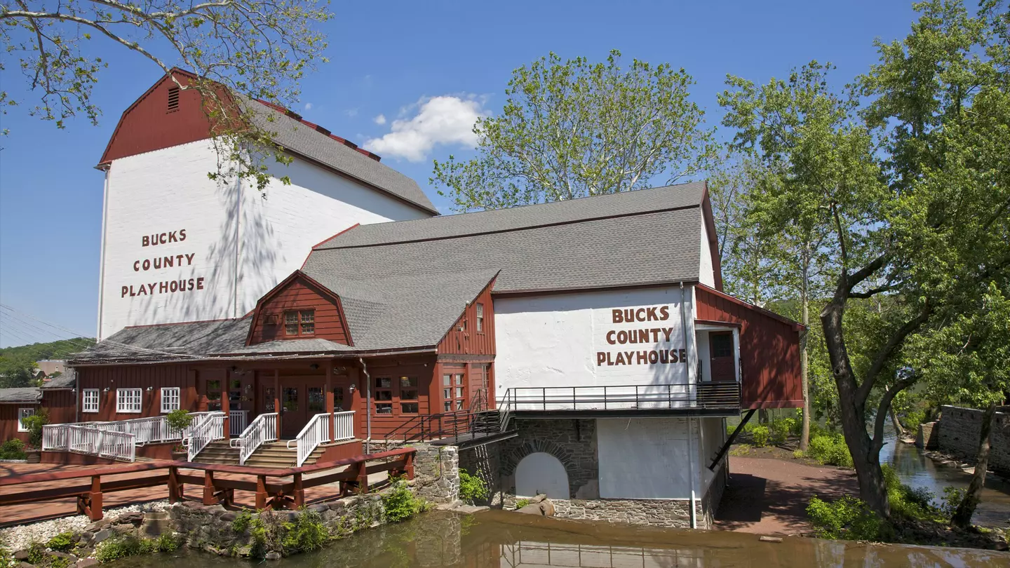 Barn-like red and white theatre near water is the Bucks County Playhouse, New Hope, Bucks County, Pennsylvania, USA. State Theater of Pennsylvania.
