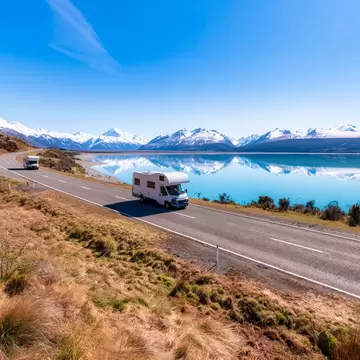 A motor home driving in an alpine region near a vast glacial lake on the South Island, New Zealand
