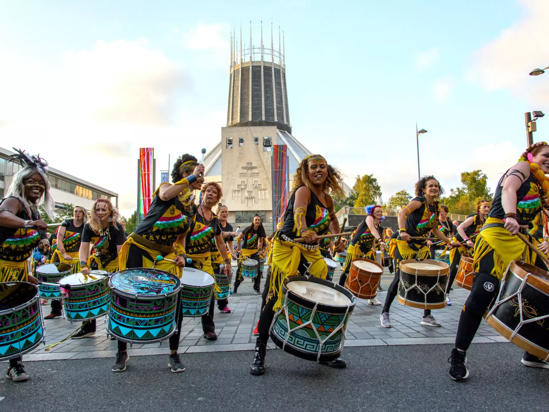 Drummers participate in the Brazilica festival, celebrating Brazilian culture, in Liverpool, England, United Kingdom