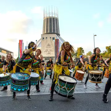 Drummers participate in the Brazilica festival, celebrating Brazilian culture, in Liverpool, England, United Kingdom
