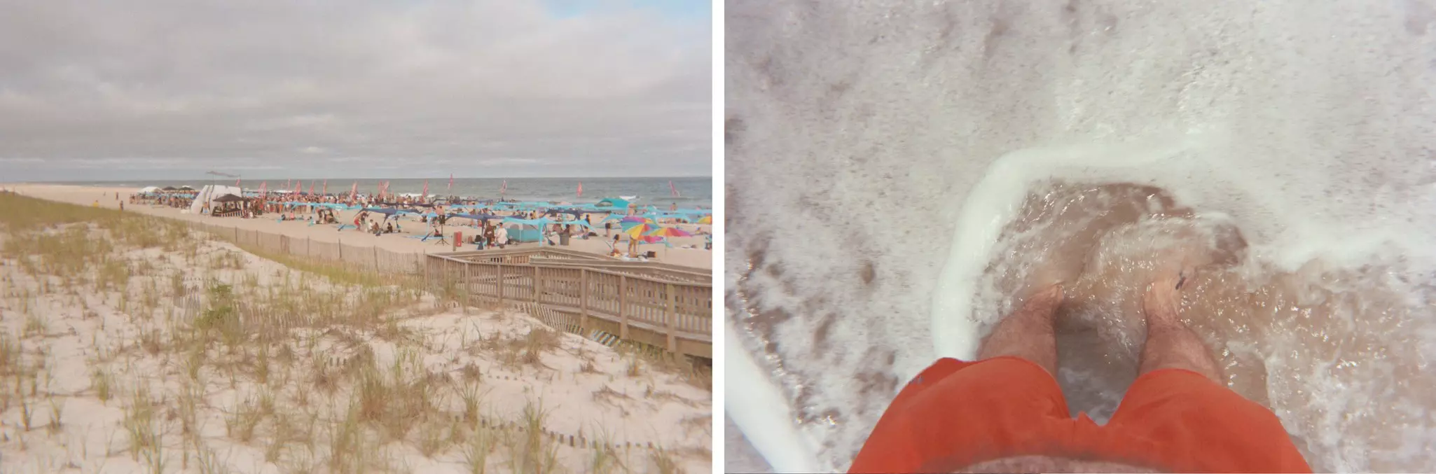 Left, a view of a beach and dunes with people and tents on the beach. Right, a man takes a photo of his feet in the ocean surf, he is wearing orange swim trunks
