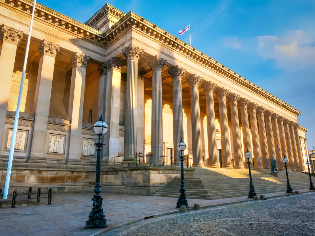 Liverpool, UK - May 17 2018: St George's Hall designed by Harvey Lonsdale Elmes, contains concert halls and law courts,  opened in 1854 and it's on the list of National Heritage List for England; Shutterstock ID 1384344167; full: digital; gl: 6505...