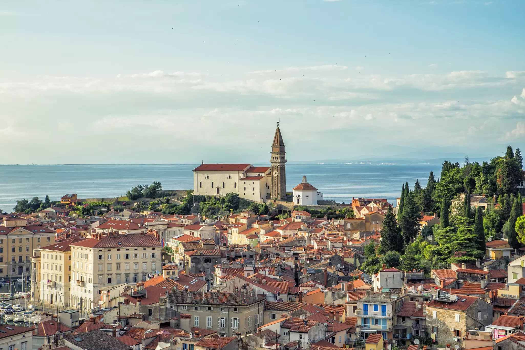 A hilltop medieval town center by the sea with a central clock tower