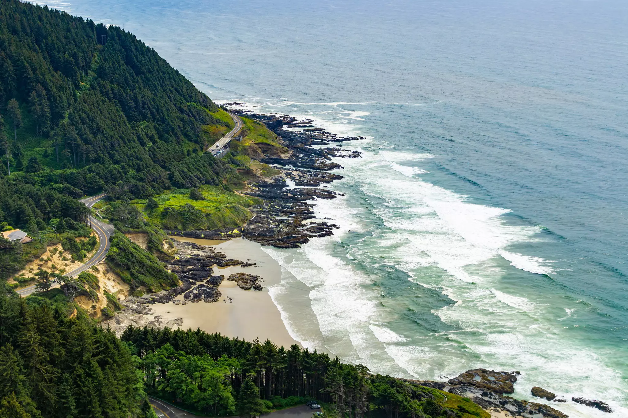 The beach at Yachats viewed from the clifftop above