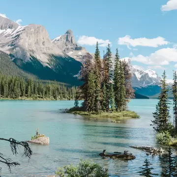 Small island of spruce trees in turquoise Maligne Lake below rocky, snow-streaked mountains in Jasper National Park.