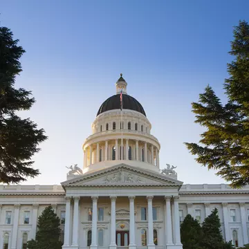 Sacramento City Hall building at sunrise with tree