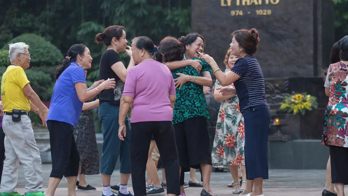 Hanoi, Vietnam. 7 October 2018:Laughter is the best medicine. Vietnamese doing the laughter yoga in the park near Hoan Kiem lake, Hanoi.