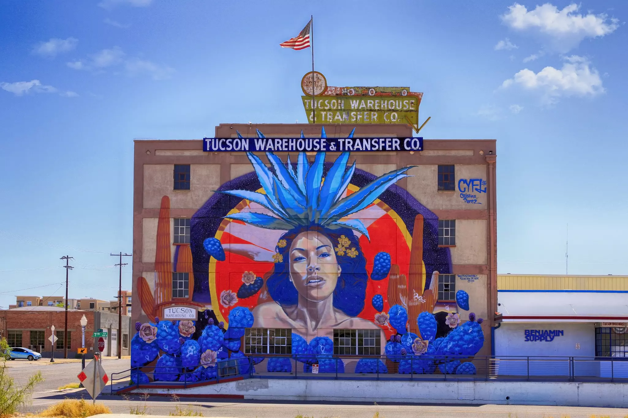 Famous giant mural on the side of the Tucson Warehouse & Transfer Co building in the arts district of Tucson.