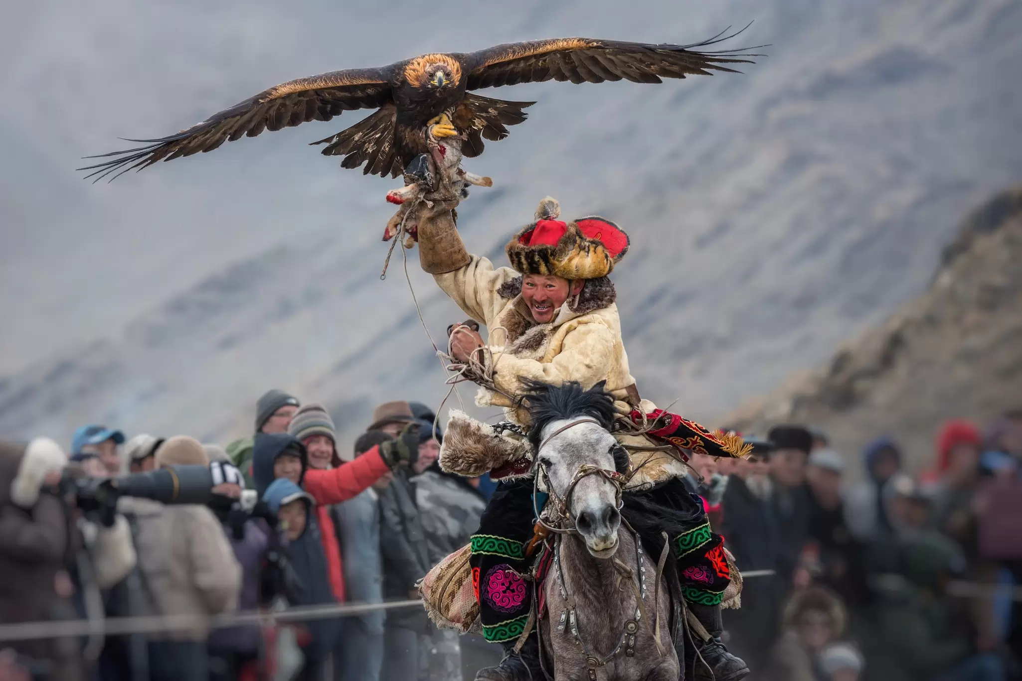 People watch a man in traditional dress riding a horse as an eagle alights on his arm, Ölgii, Mongolia