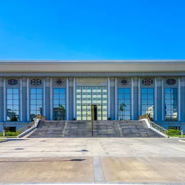 ASHGABAT, TURKMENISTAN - MAY 2017: Turkmen National Carpet Museum Frontal Entrance Gate View, License Type: media, Download Time: 2025-06-19T16:57:44.000Z, User: catalinaaragon, Editorial: true, purchase_order: 56530 - Guidebooks, job: Global Publishing WIP, client: Central Asia 8, other: Central Asia 8