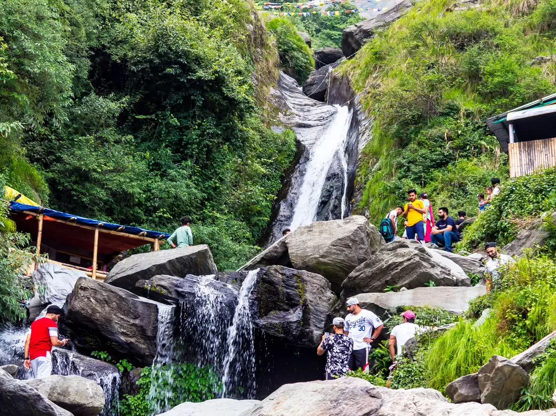  Majestic landscape of Bhagsu Nag waterfall and green nature around it. Mcleodganj, Himachal Pradesh, India.