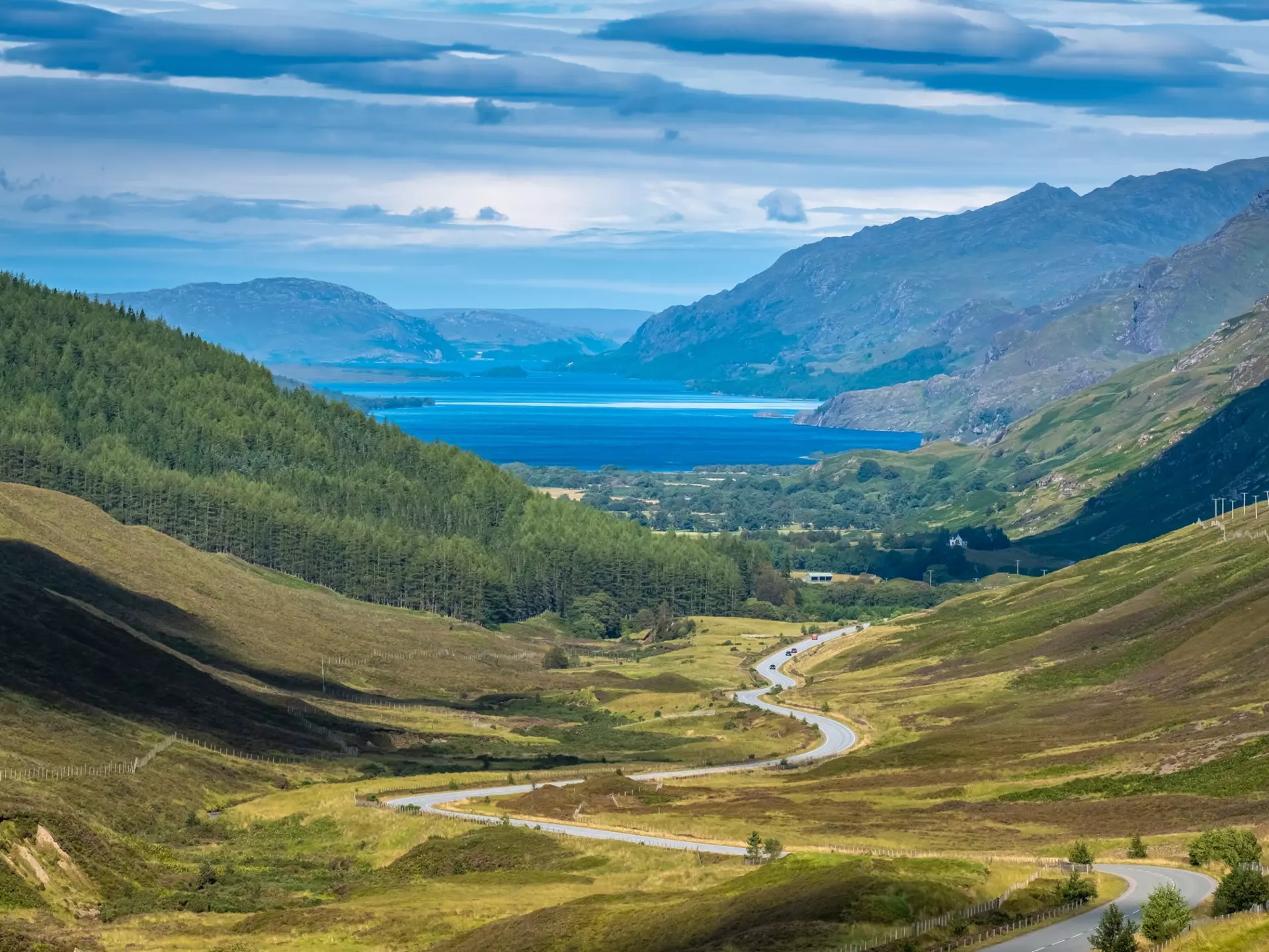 The road to Loch Maree in the Scottish Highlands. 