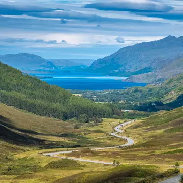 The road to Loch Maree in the Scottish Highlands. 