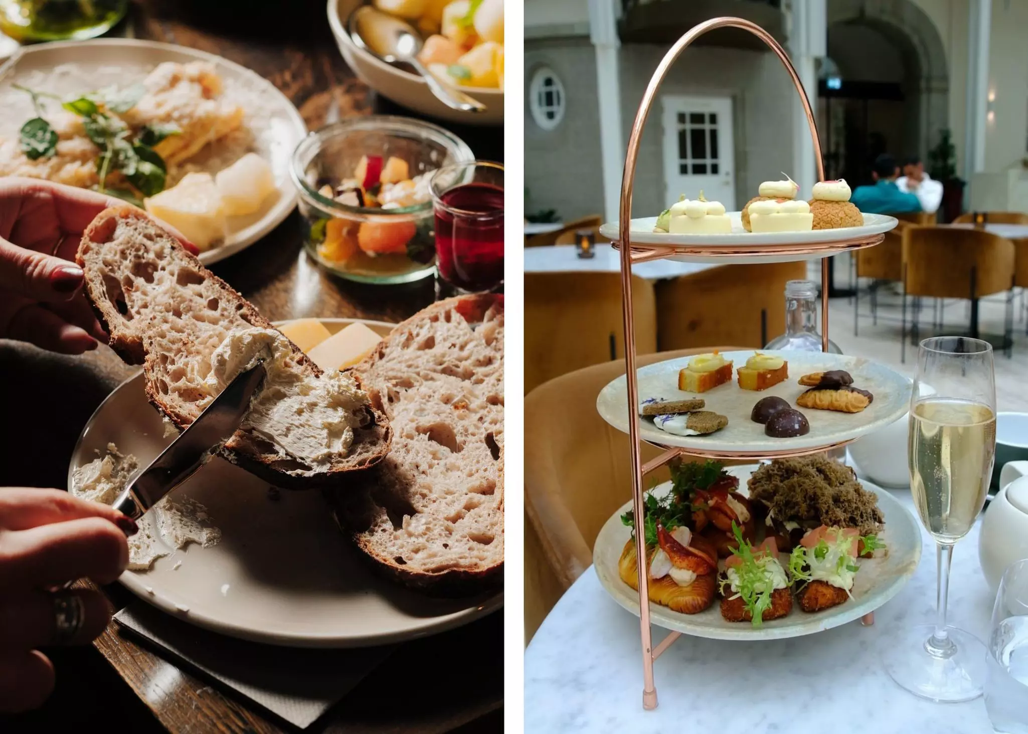 A stitched photo of a person putting a spread on a large piece of bread on the left and a variety of desserts on plates on the right