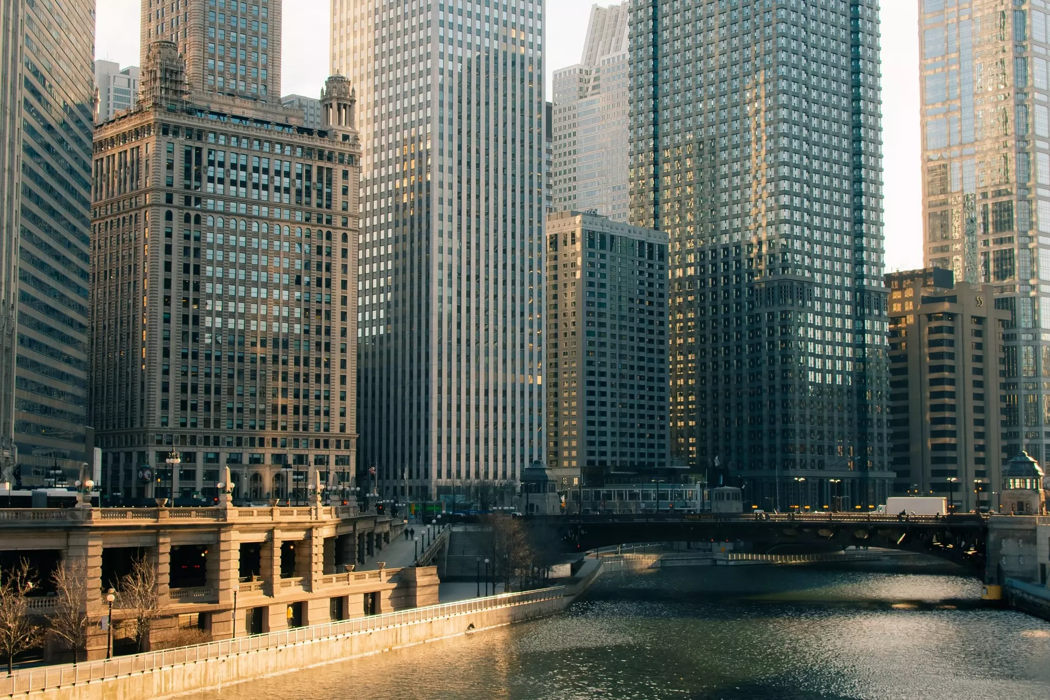 Cityscape of downtown Chicago over the water during sunset