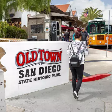 San Diego, California, United States - 05-31-2019: A view of a sign and entrance to Old Town San Diego State Historic Park.  License Type: media  Download Time: 2023-05-20T07:55:07.000Z  User: claramonitto  Is Editorial: Yes  purchase_order:   