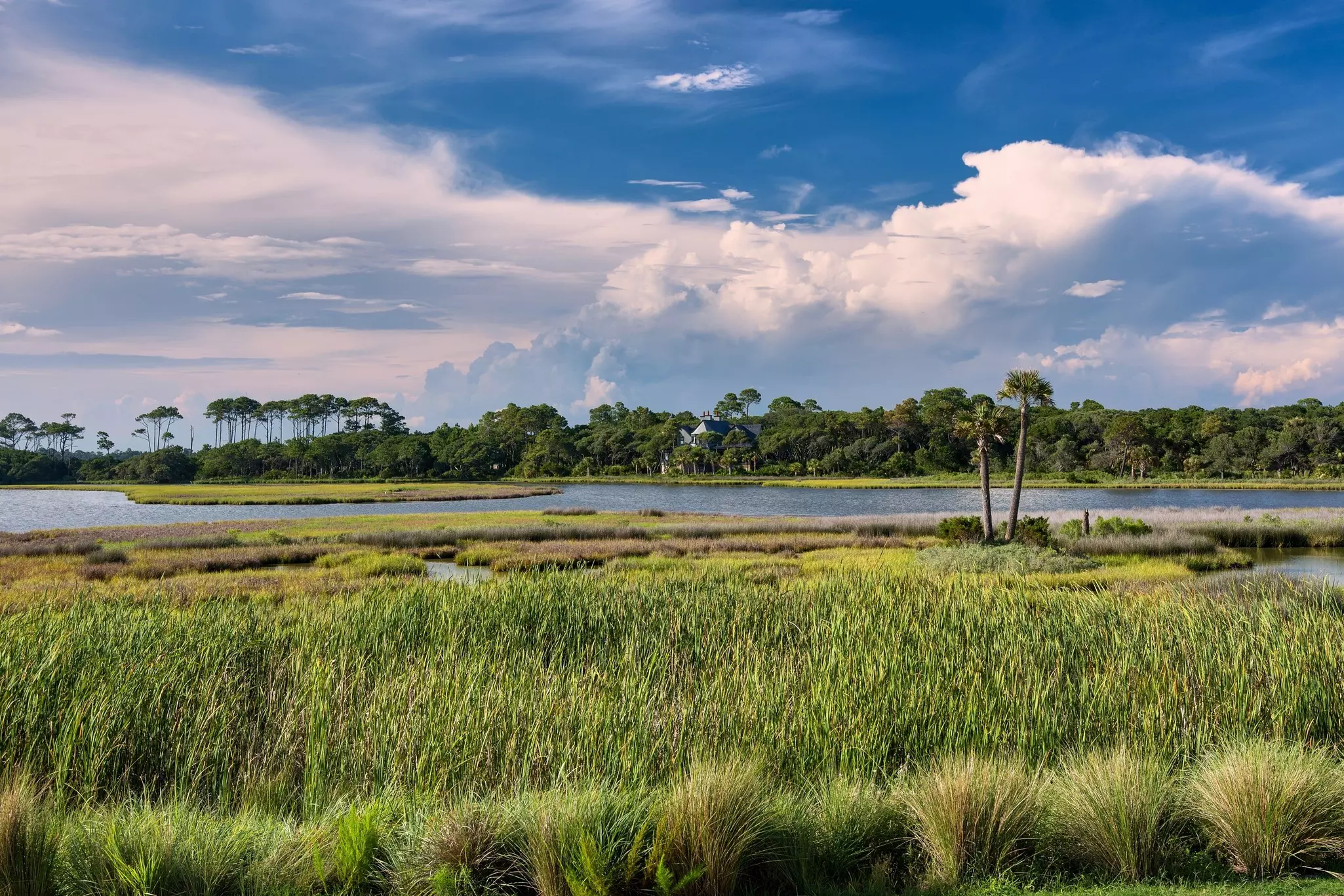 The spectacular Barrier Island of Kiawah showing water inlets, marshes, forests, coupled with a beautiful blue sky and puffy clouds in early evening.