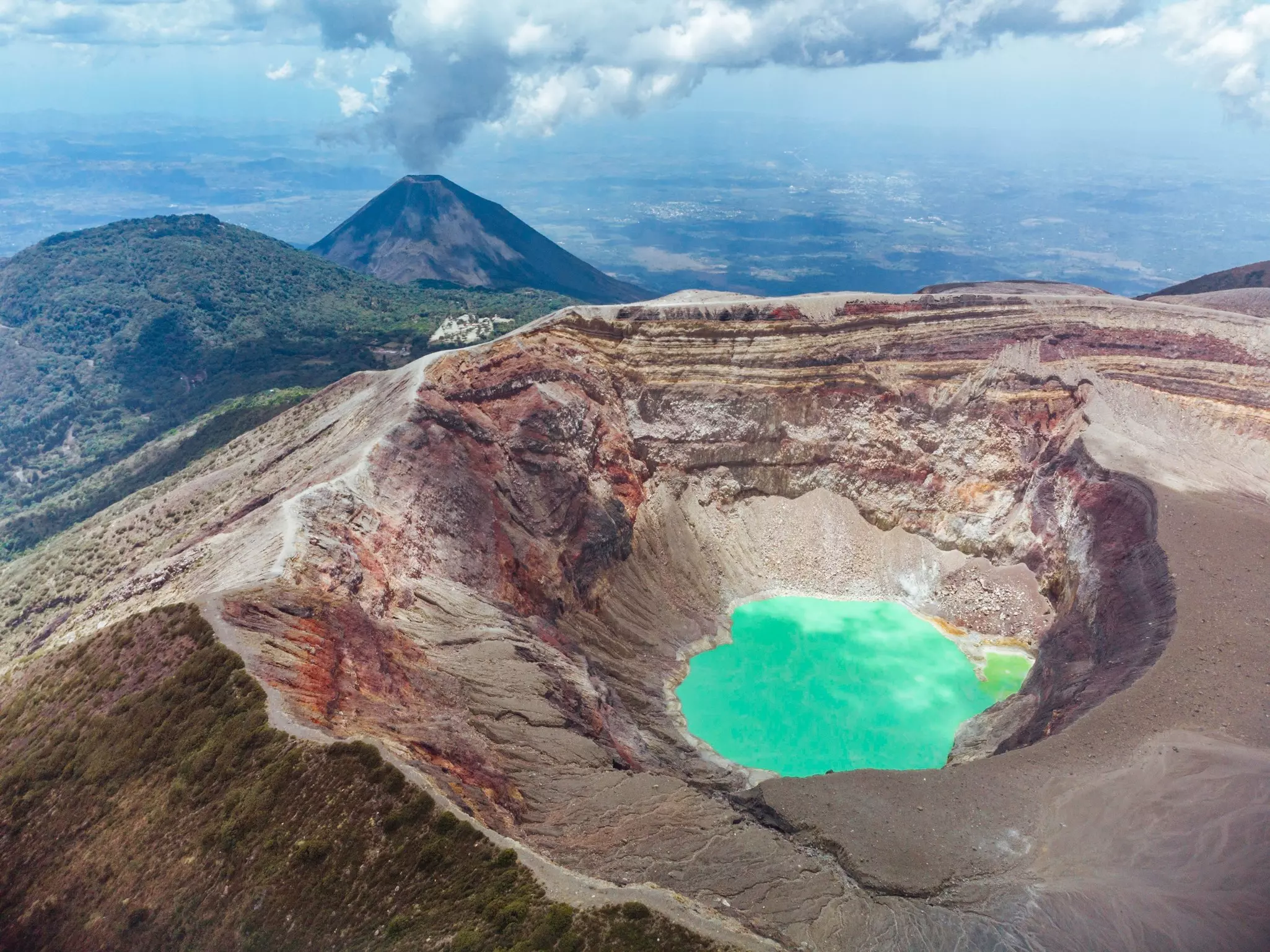 An aerial view of the crater lake at Volcán de Santa Ana, El Salvador.