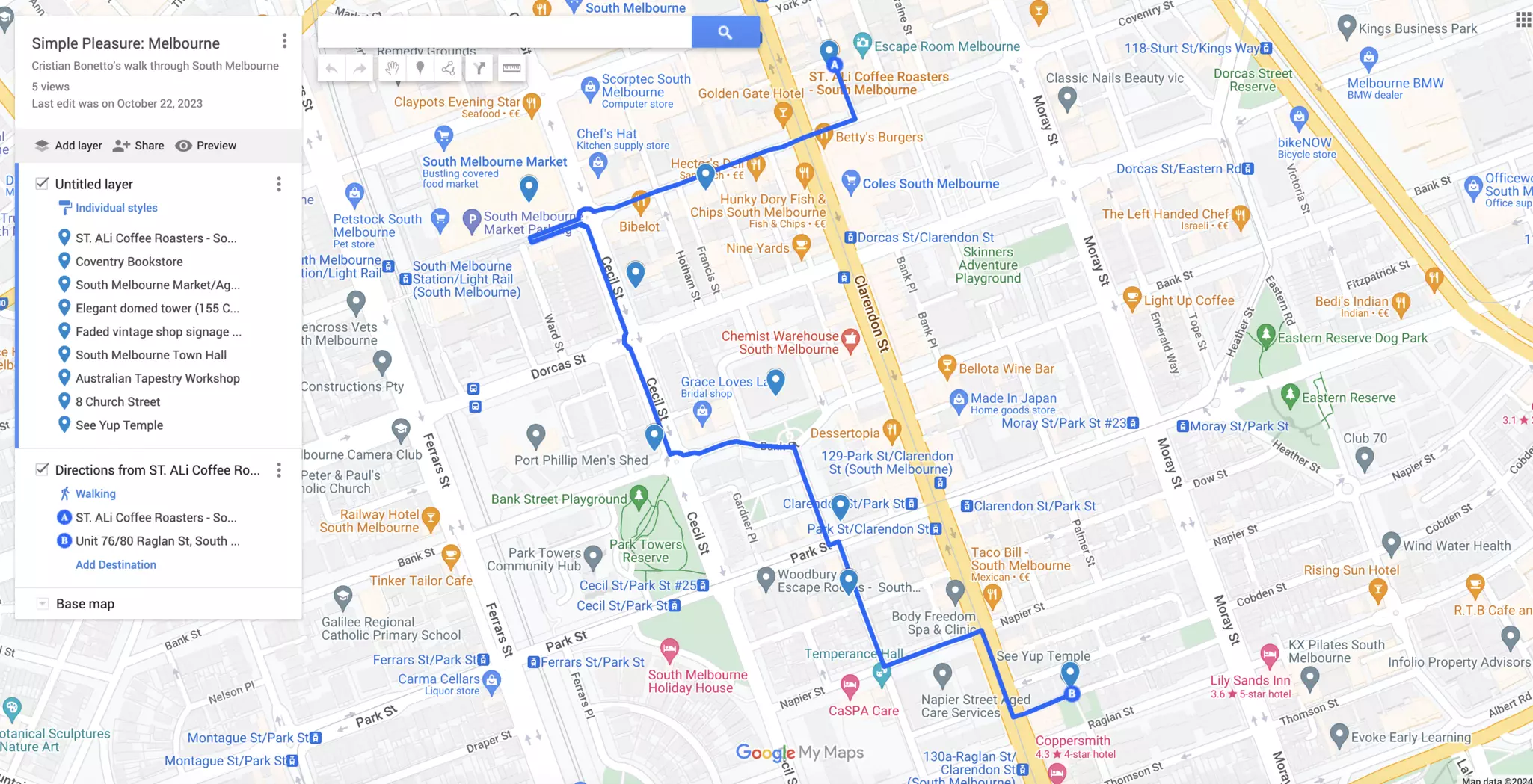 Cristian's walking route © Google Maps