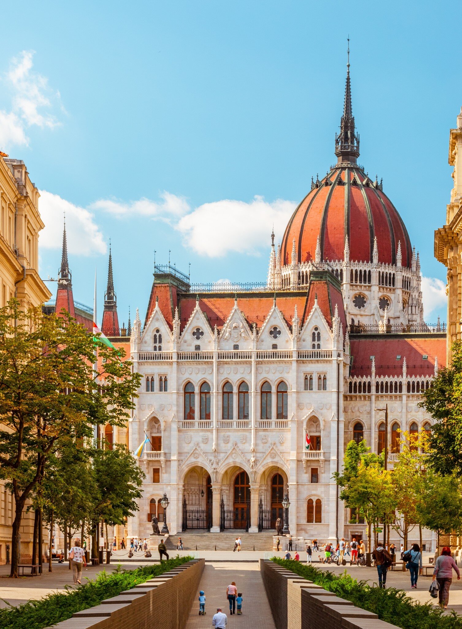 View of the main entrance to the Hungarian Parliament in Budapest, Hungary.