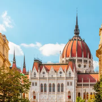 View of the main entrance to the Hungarian Parliament in Budapest, Hungary.