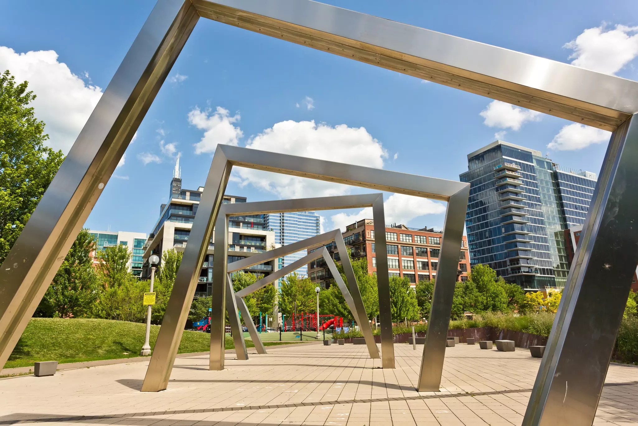 Square sculptures tilted at various angles at Mary Bartelme Park in Chicago.