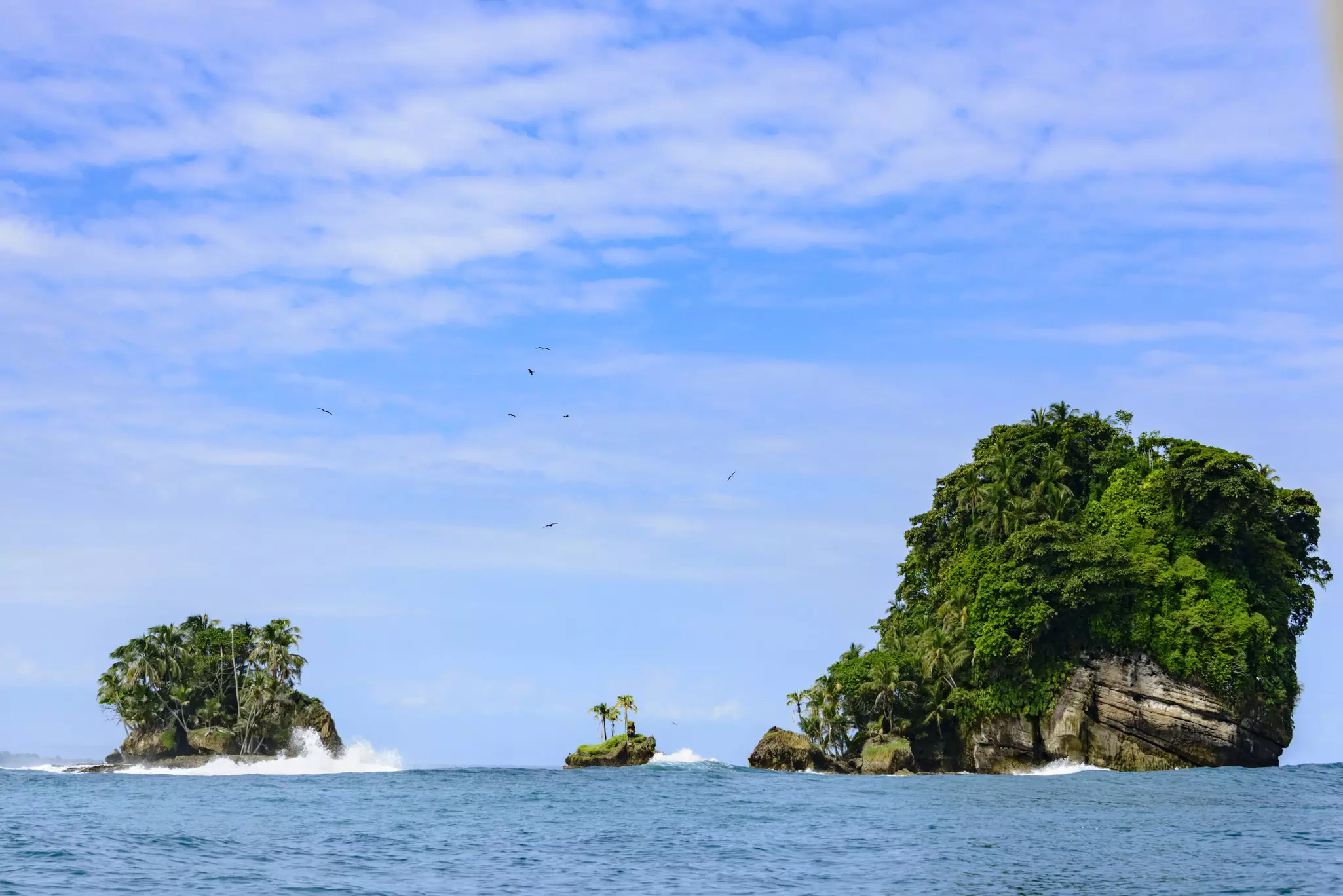 Surf crashing on three jungle-covered islets with birds flying over head