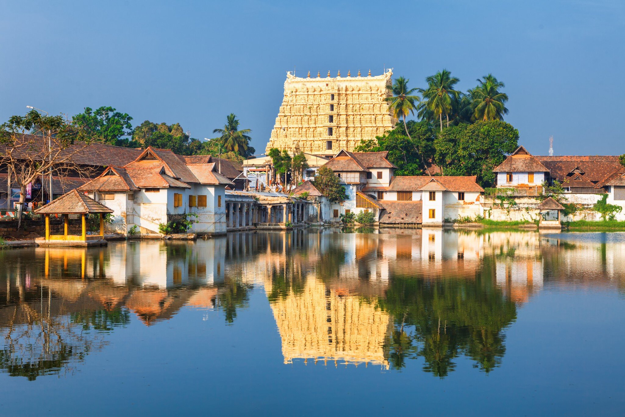 Reflection of Shri Padmanabhaswamy temple, built in the Dravidian style and principal deity Vishnu is enshrined in it.  Thiruvananthapuram, Kerala, India. 