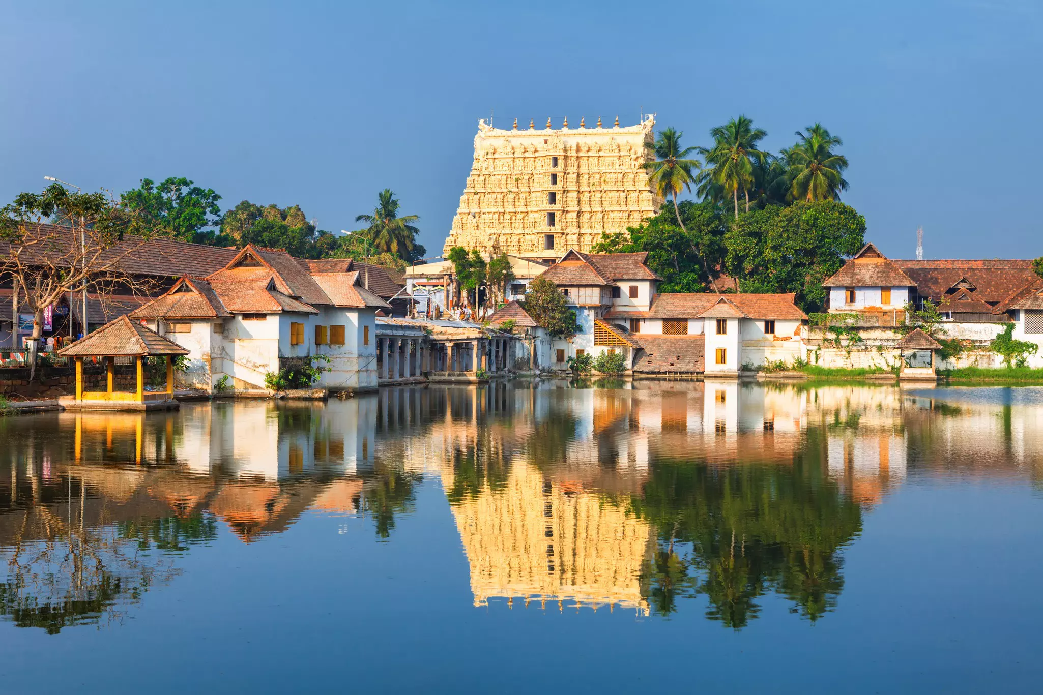 Thiruvananthapuram's Padmanabhaswamy Temple refelcted in the water.