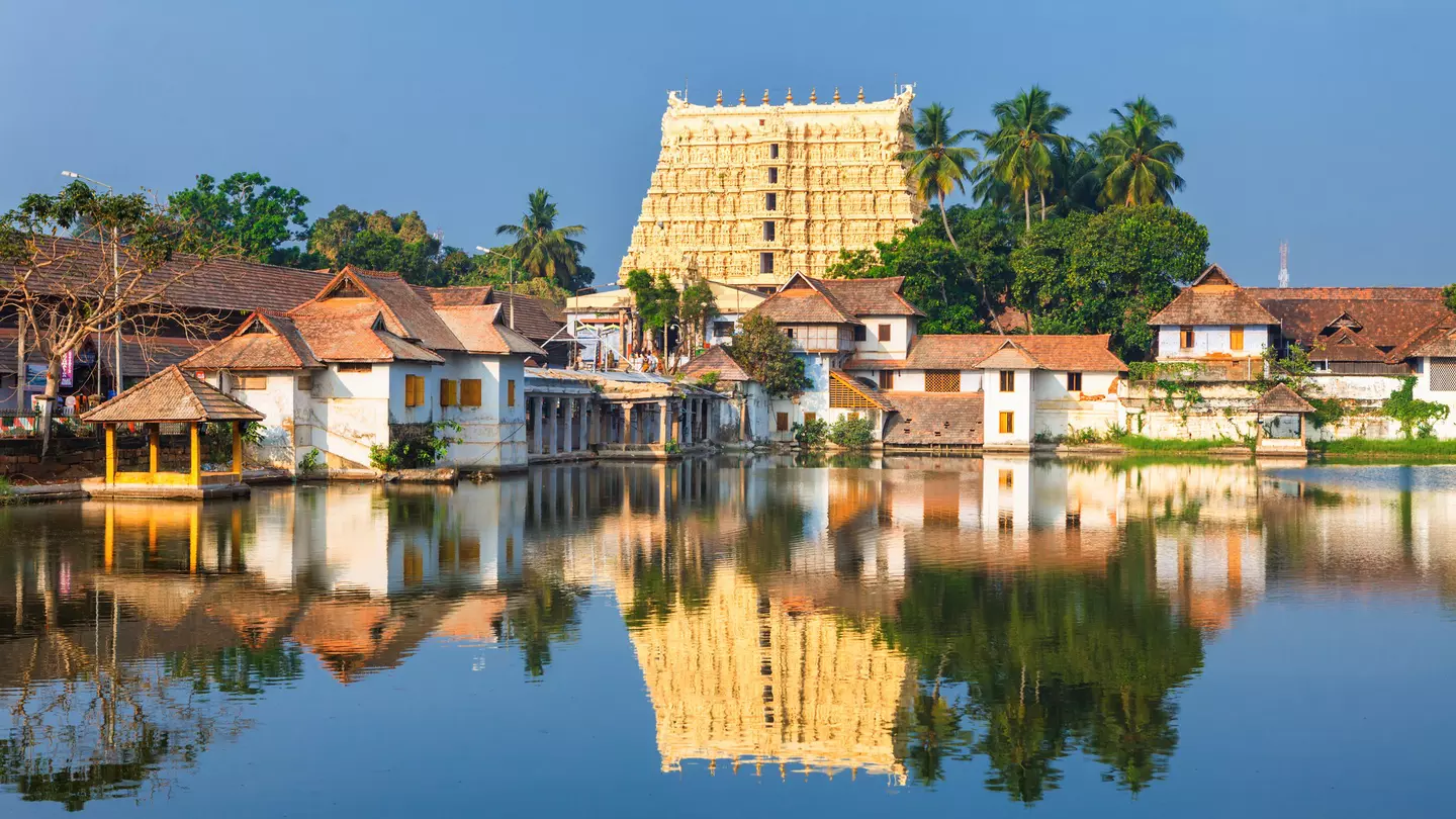 Thiruvananthapuram's Padmanabhaswamy Temple refelcted in the water.