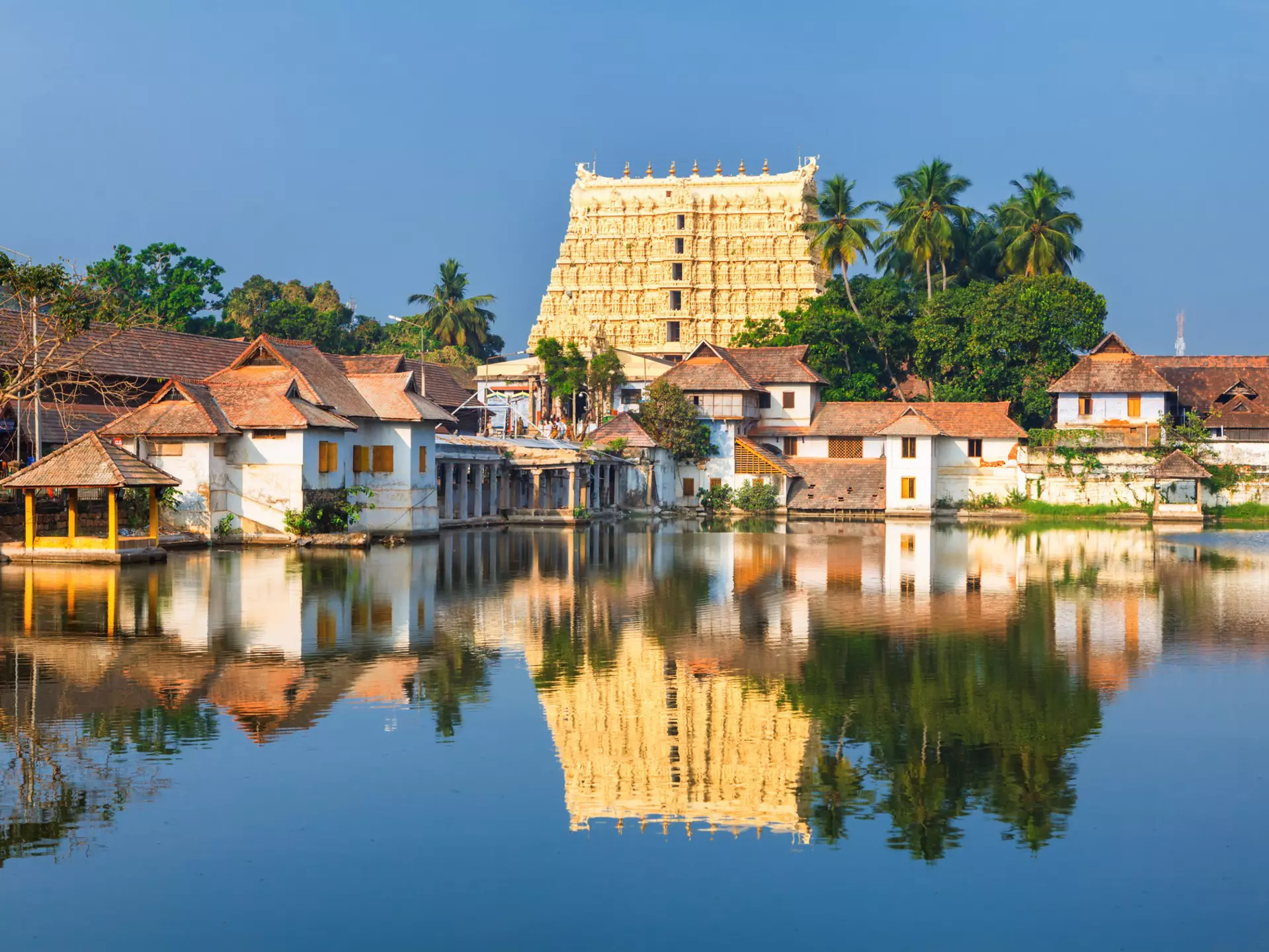 Thiruvananthapuram's Padmanabhaswamy Temple refelcted in the water.