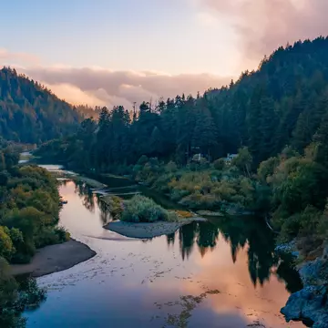 A view of the Russian River and surrounding trees and buildings