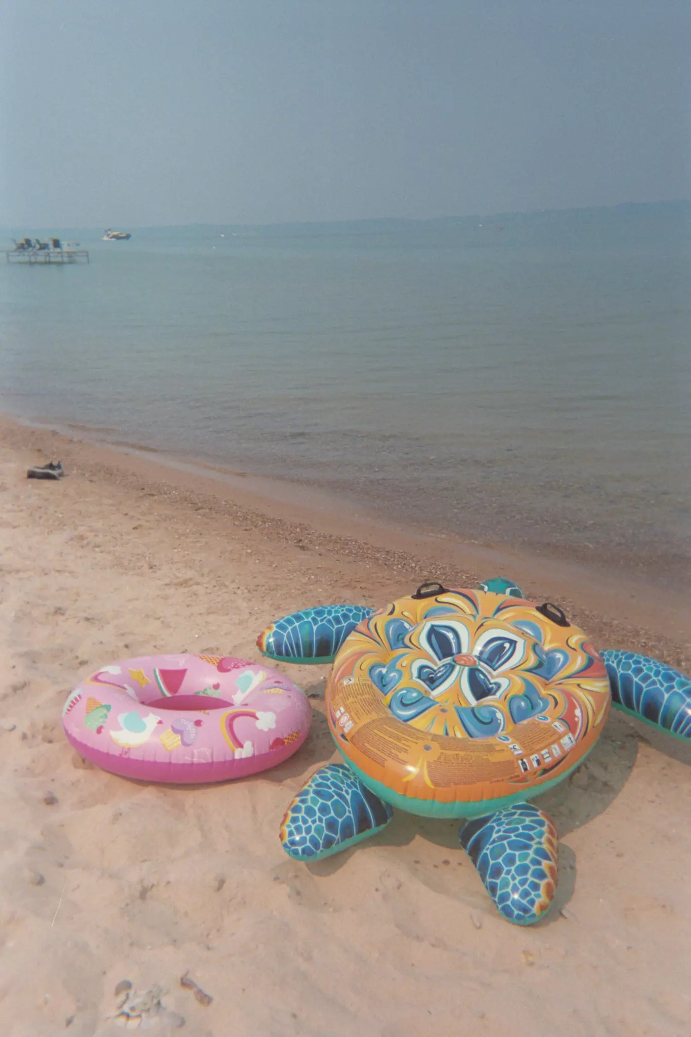 A pink inner tube and a turtle float on the beach with clear blue water in the distance