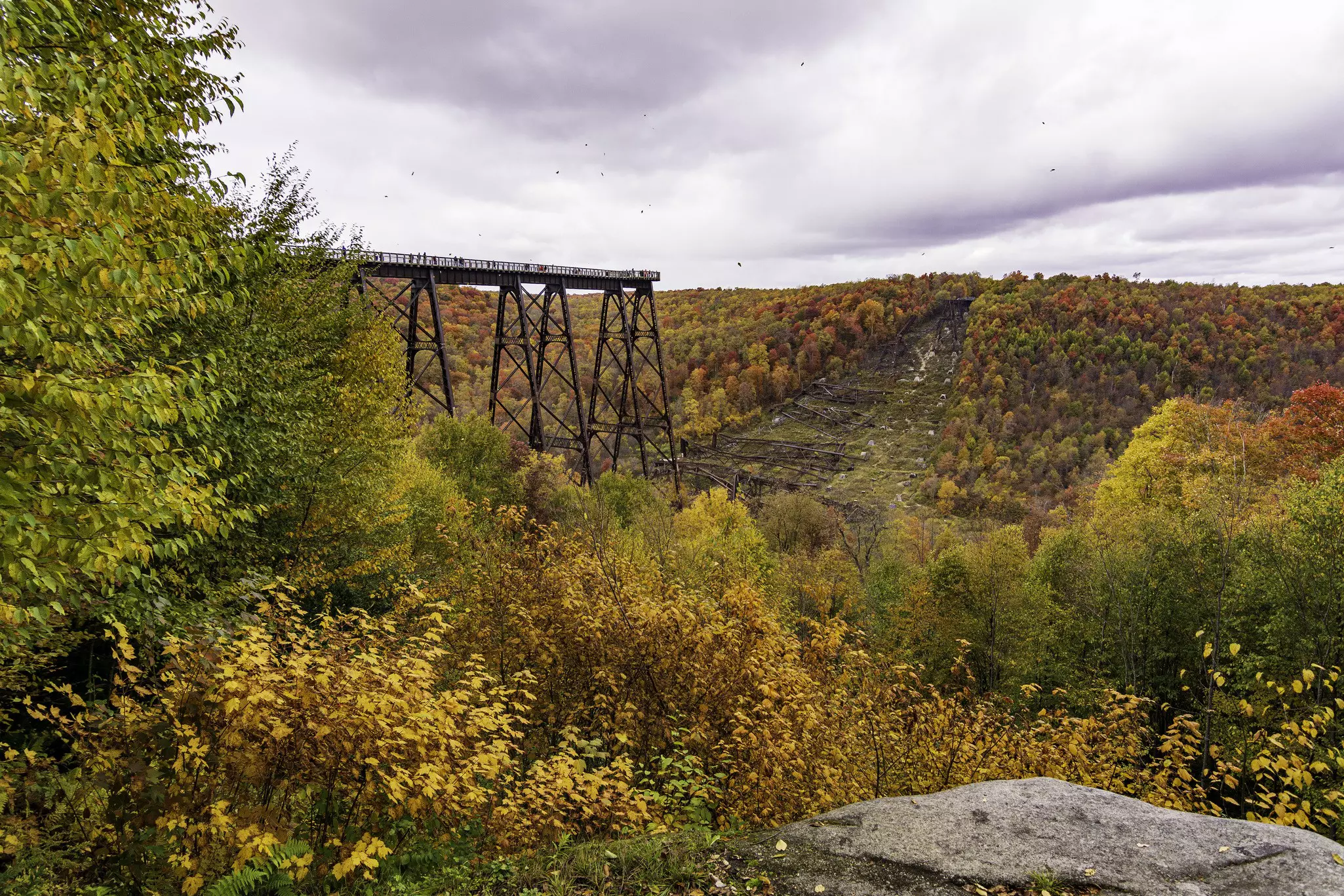 People look out over hillsides covered in fall foliage from a large platform that stands above a valley.