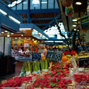 Fruit stalls in the Mercat de la Llibertat in Barcelona, Spain.