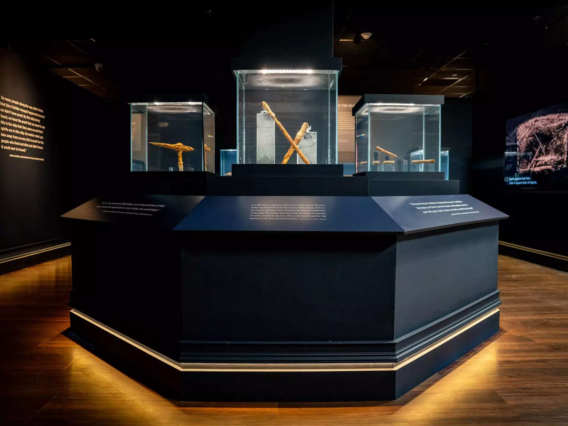 At the new exhibition, fragments of the slave ship Clotilda are displayed in water tanks © History Museum of Mobile