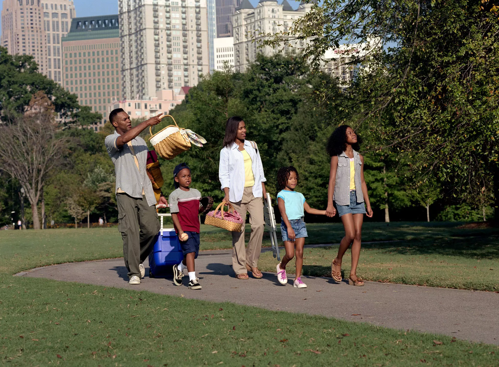 Parents and children ages 5-13 entering Piedmont Park with picnic gear