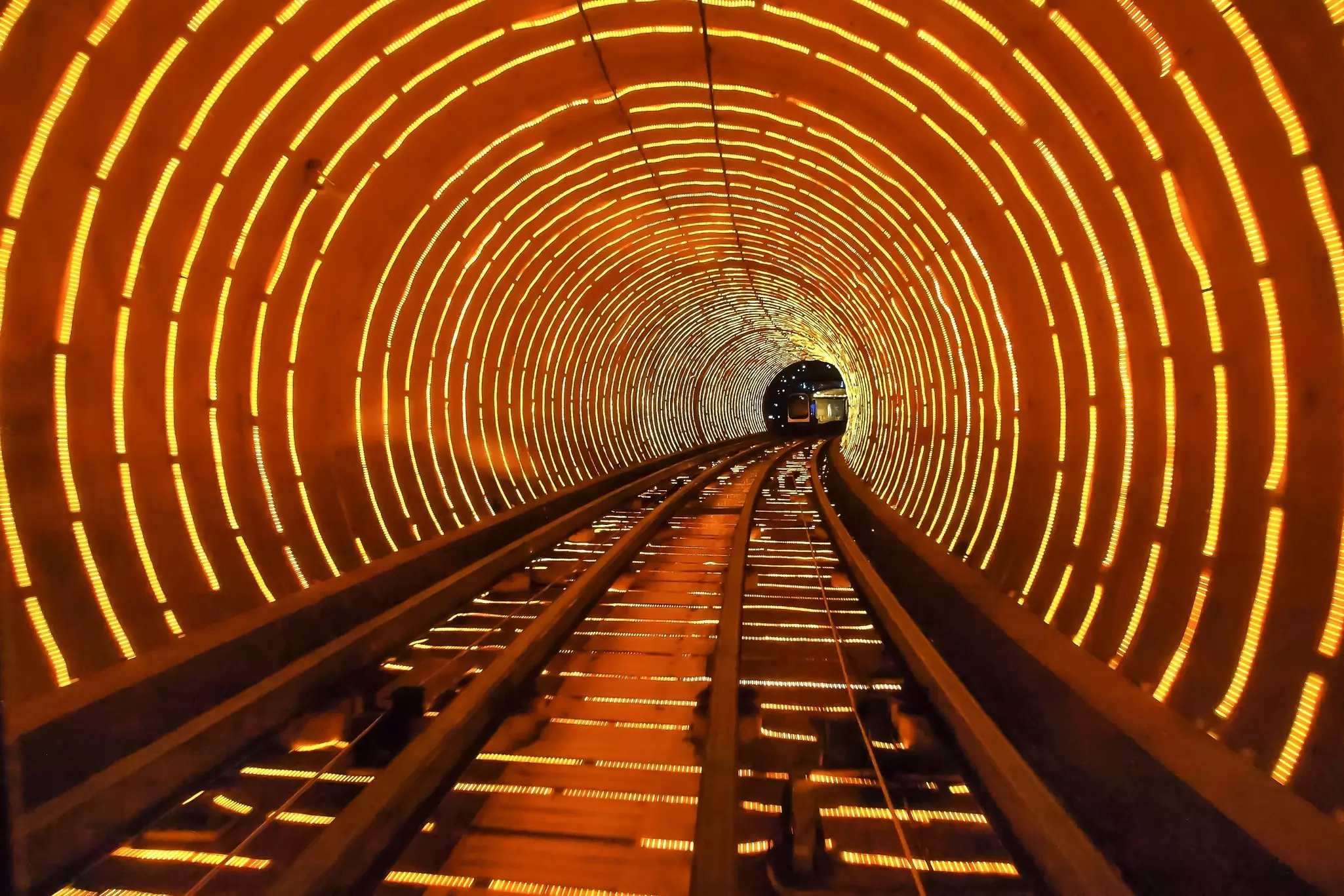 A view of the Bund Sightseeing Tunnel under the Huangpu River in Shanghai, China.