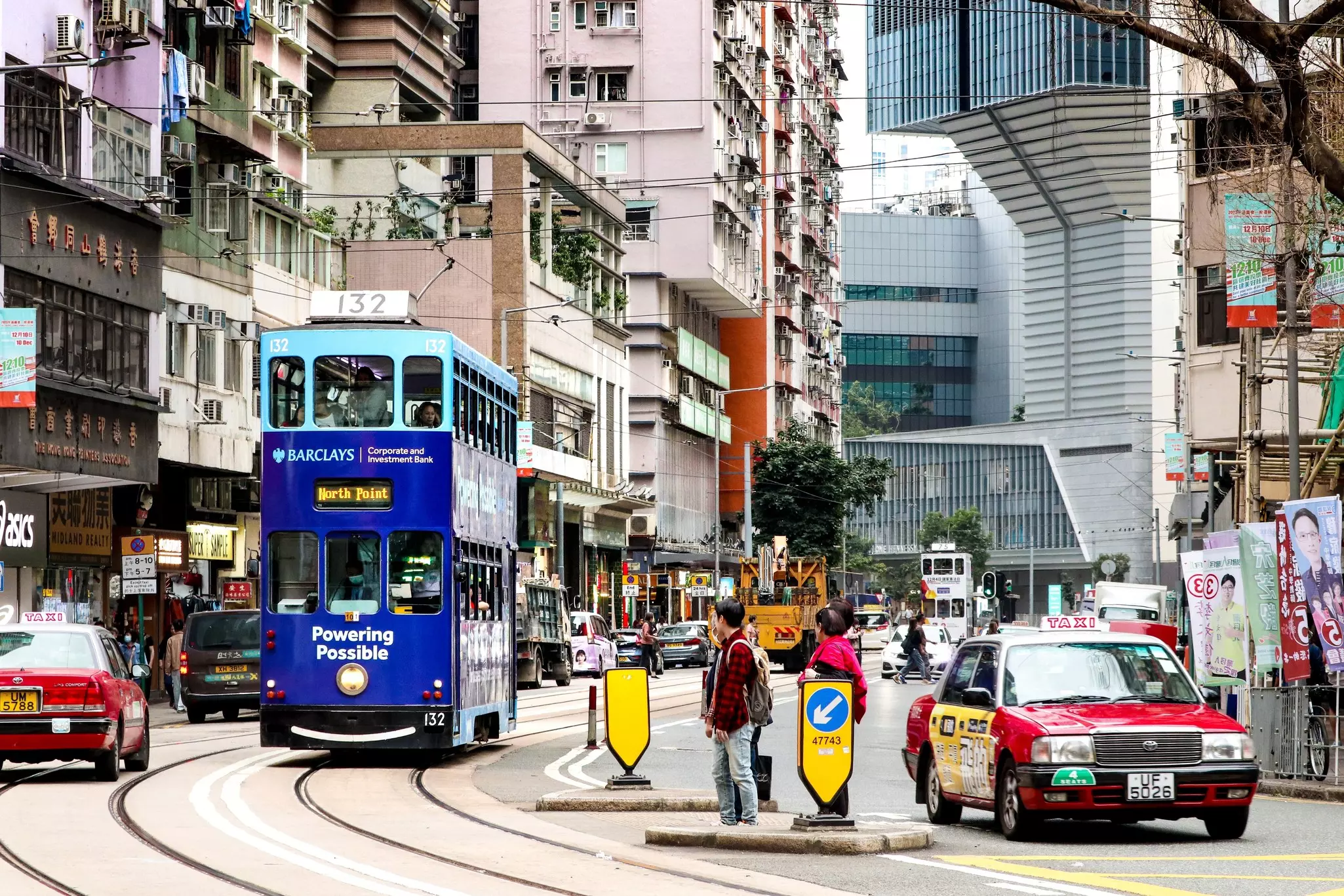 A Hong Kong tram passes through Kennedy Town in Hong Kong.