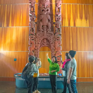 A tour guide showcases an exhibition to visitors at the Museum of New Zealand Te Papa Tongarewa.