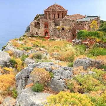 View of Agia Sofia church in Monemvasia, Greece