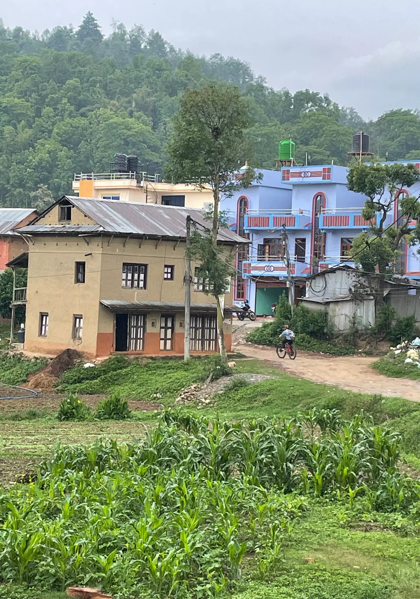 A cyclist pedals up a slope between pastel-colored houses in a Nepali village