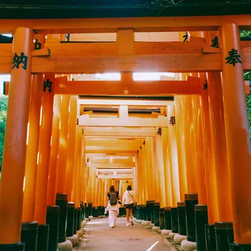 People walking under thousands of Torii at Fushimi Inari Taisha Shrine.
