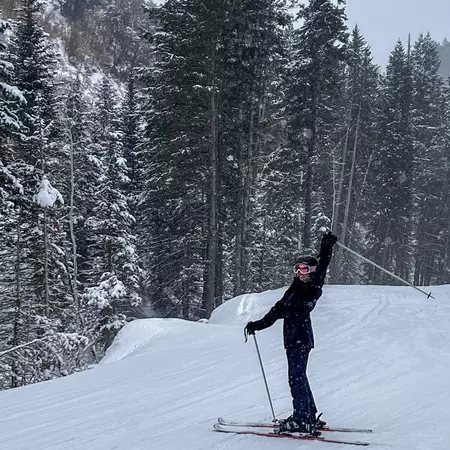 A skier with poles on the mountain. 
