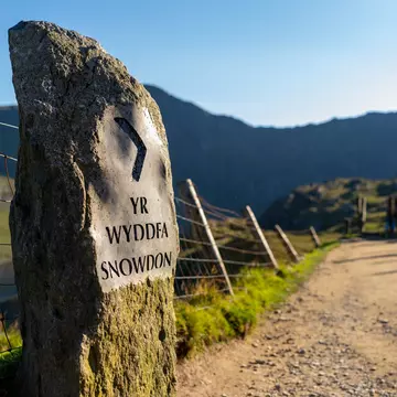 Yr Wyddfa (Snowdon) sign along the Pyg Track in Eryri (Snowdonia) National Park. Andrew T Bennett/Shutterstock
