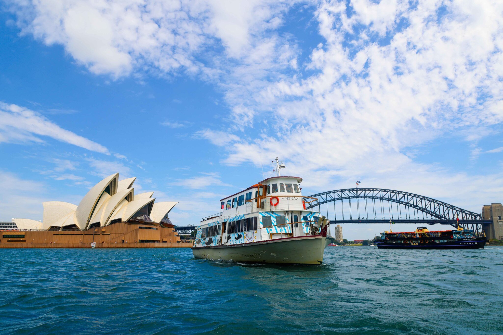 Vessel of the Mari Nawi Cultural Cruise, an Aboriginal Sydney Harbour Cruise in Sydney, Australia. 