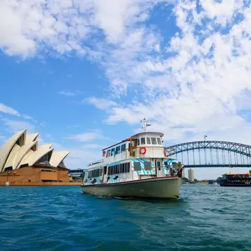 Vessel of the Mari Nawi Cultural Cruise, an Aboriginal Sydney Harbour Cruise in Sydney, Australia. 
