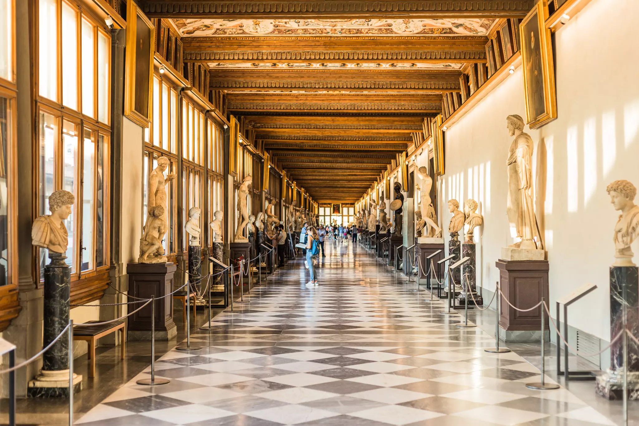 Florence, Italy - September 25, 2016: Tourists in hallway of Uffizi Gallery, one of the main museums in Florence and among the oldest and most famous art museums of Europe., License Type: media, Download Time: 2025-06-02T11:15:09.000Z, User: clairenaylor, Editorial: true, purchase_order: 65050 - Digital Destinations and Articles, job: Online editorial, client: Florence Museums, other: Claire naylor