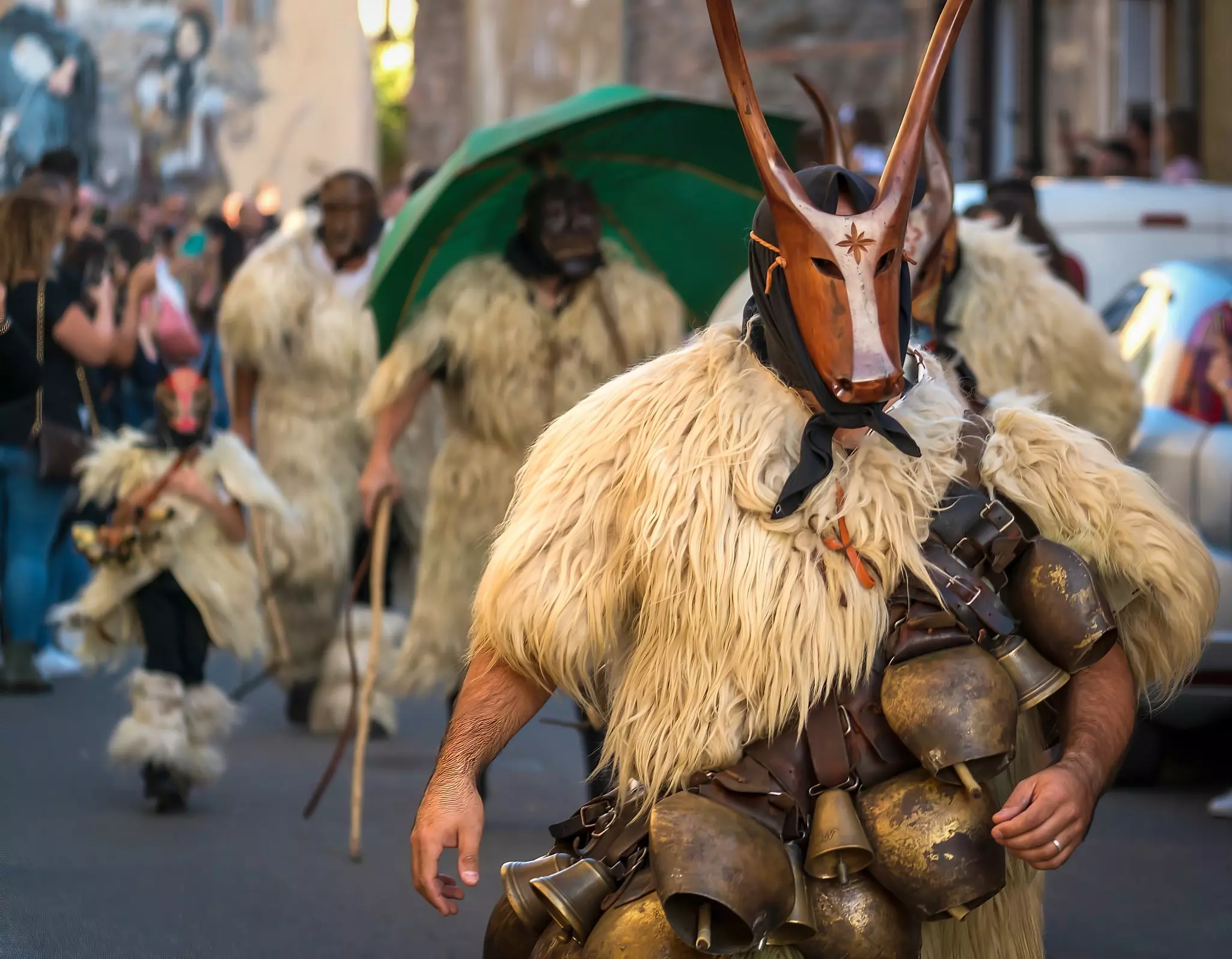 A person wears a carved masks and furs with bells strung across their chest. Others dressed similarly can be seen in an out-of-focus background outdoors.